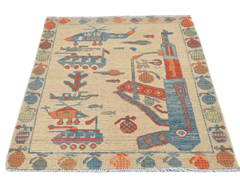 3x5 Beige Kuba Afghan Hand Knotted Wool Area Rug